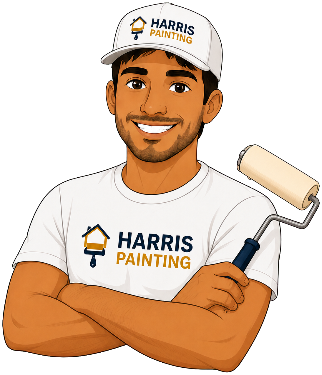 Cartoon Harris Painting contractor holding a paint roller